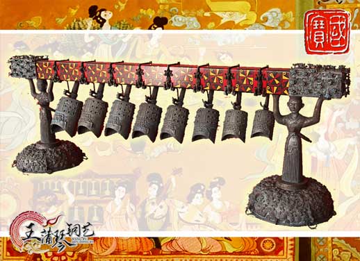 8件古編鐘，銅人銅座裝飾，可發(fā)音